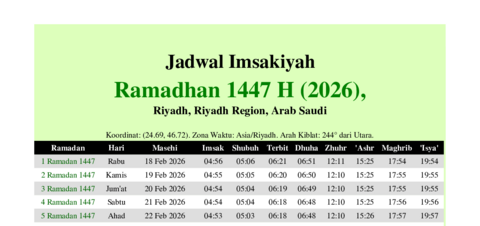 gambar Imsakiyah Ramadhan 1447 H (2026) untuk Riyadh, Riyadh Region, Arab Saudi