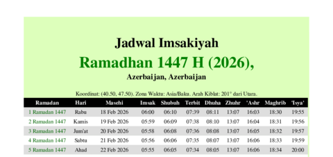 gambar Imsakiyah Ramadhan 1447 H (2026) untuk Azerbaijan, Azerbaijan