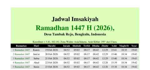 gambar Imsakiyah Ramadhan 1447 H (2026) untuk Desa Tambak Rejo, Bengkulu, Indonesia