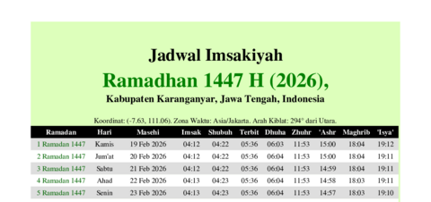 gambar Imsakiyah Ramadhan 1447 H (2026) untuk Kabupaten Karanganyar, Jawa Tengah, Indonesia