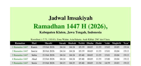gambar Imsakiyah Ramadhan 1447 H (2026) untuk Kabupaten Klaten, Jawa Tengah, Indonesia