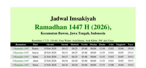 gambar Imsakiyah Ramadhan 1447 H (2026) untuk Kecamatan Bawen, Jawa Tengah, Indonesia