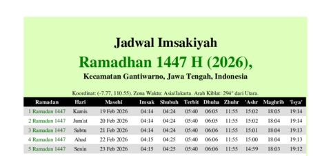 gambar Imsakiyah Ramadhan 1447 H (2026) untuk Kecamatan Gantiwarno, Jawa Tengah, Indonesia