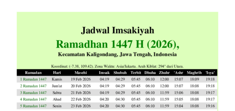 gambar Imsakiyah Ramadhan 1447 H (2026) untuk Kecamatan Kaligondang, Jawa Tengah, Indonesia