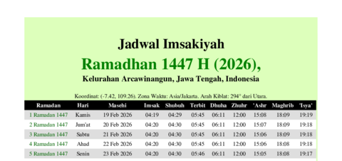 gambar Imsakiyah Ramadhan 1447 H (2026) untuk Kelurahan Arcawinangun, Jawa Tengah, Indonesia
