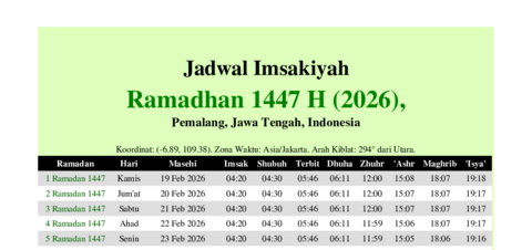 gambar Imsakiyah Ramadhan 1447 H (2026) untuk Pemalang, Jawa Tengah, Indonesia