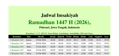 gambar Imsakiyah Ramadhan 1447 H (2026) untuk Pulosari, Jawa Tengah, Indonesia