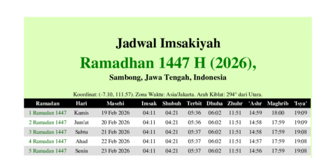 gambar Imsakiyah Ramadhan 1447 H (2026) untuk Sambong, Jawa Tengah, Indonesia