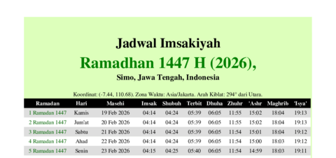 gambar Imsakiyah Ramadhan 1447 H (2026) untuk Simo, Jawa Tengah, Indonesia