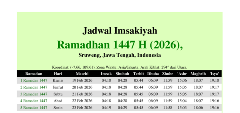 gambar Imsakiyah Ramadhan 1447 H (2026) untuk Sruweng, Jawa Tengah, Indonesia