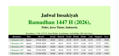 gambar Imsakiyah Ramadhan 1447 H (2026) untuk Pakis, Jawa Timur, Indonesia