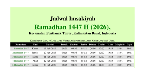 gambar Imsakiyah Ramadhan 1447 H (2026) untuk Kecamatan Pontianak Timur, Kalimantan Barat, Indonesia