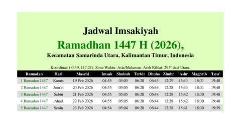 gambar Imsakiyah Ramadhan 1447 H (2026) untuk Kecamatan Samarinda Utara, Kalimantan Timur, Indonesia