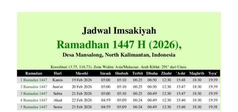 gambar Imsakiyah Ramadhan 1447 H (2026) untuk Desa Mansalong, North Kalimantan, Indonesia