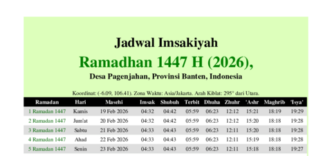 gambar Imsakiyah Ramadhan 1447 H (2026) untuk Desa Pagenjahan, Provinsi Banten, Indonesia