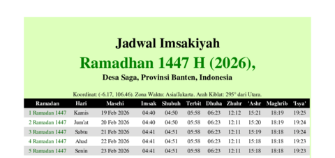 gambar Imsakiyah Ramadhan 1447 H (2026) untuk Desa Saga, Provinsi Banten, Indonesia