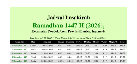 gambar Imsakiyah Ramadhan 1447 H (2026) untuk Kecamatan Pondok Aren, Provinsi Banten, Indonesia