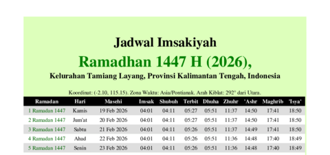 gambar Imsakiyah Ramadhan 1447 H (2026) untuk Kelurahan Tamiang Layang, Provinsi Kalimantan Tengah, Indonesia