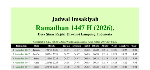 gambar Imsakiyah Ramadhan 1447 H (2026) untuk Desa Sinar Rejeki, Provinsi Lampung, Indonesia