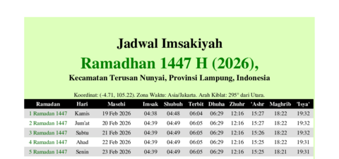 gambar Imsakiyah Ramadhan 1447 H (2026) untuk Kecamatan Terusan Nunyai, Provinsi Lampung, Indonesia