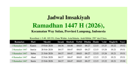 gambar Imsakiyah Ramadhan 1447 H (2026) untuk Kecamatan Way Sulan, Provinsi Lampung, Indonesia