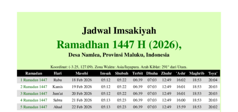 gambar Imsakiyah Ramadhan 1447 H (2026) untuk Desa Namlea, Provinsi Maluku, Indonesia