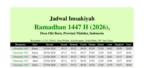 gambar Imsakiyah Ramadhan 1447 H (2026) untuk Desa Oki Baru, Provinsi Maluku, Indonesia
