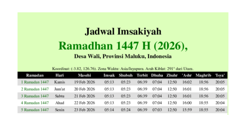 gambar Imsakiyah Ramadhan 1447 H (2026) untuk Desa Wali, Provinsi Maluku, Indonesia