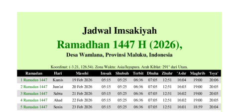 gambar Imsakiyah Ramadhan 1447 H (2026) untuk Desa Wamlana, Provinsi Maluku, Indonesia