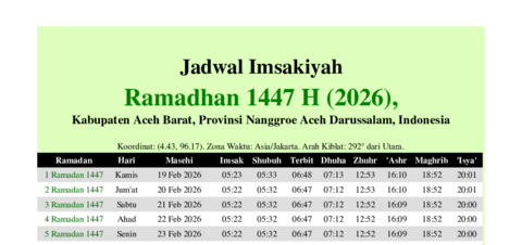 gambar Imsakiyah Ramadhan 1447 H (2026) untuk Kabupaten Aceh Barat, Provinsi Nanggroe Aceh Darussalam, Indonesia