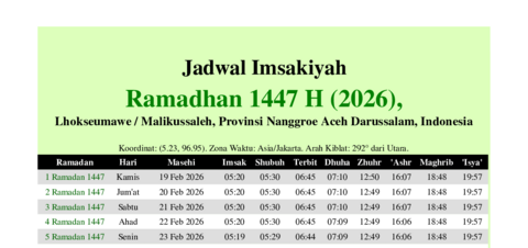 gambar Imsakiyah Ramadhan 1447 H (2026) untuk Lhokseumawe / Malikussaleh, Provinsi Nanggroe Aceh Darussalam, Indonesia