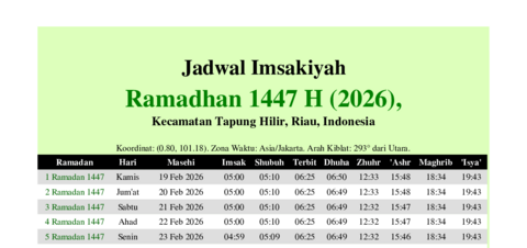 gambar Imsakiyah Ramadhan 1447 H (2026) untuk Kecamatan Tapung Hilir, Riau, Indonesia