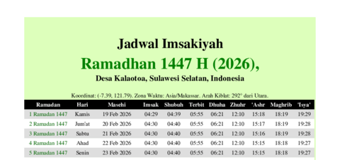gambar Imsakiyah Ramadhan 1447 H (2026) untuk Desa Kalaotoa, Sulawesi Selatan, Indonesia