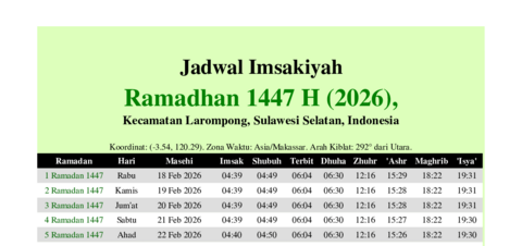gambar Imsakiyah Ramadhan 1447 H (2026) untuk Kecamatan Larompong, Sulawesi Selatan, Indonesia