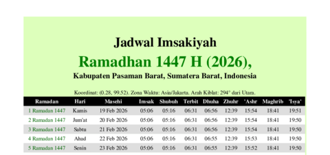gambar Imsakiyah Ramadhan 1447 H (2026) untuk Kabupaten Pasaman Barat, Sumatera Barat, Indonesia