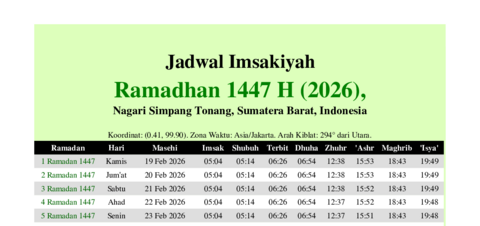 gambar Imsakiyah Ramadhan 1447 H (2026) untuk Nagari Simpang Tonang, Sumatera Barat, Indonesia