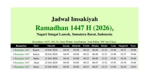 gambar Imsakiyah Ramadhan 1447 H (2026) untuk Nagari Sungai Lansek, Sumatera Barat, Indonesia