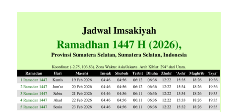 gambar Imsakiyah Ramadhan 1447 H (2026) untuk Provinsi Sumatera Selatan, Sumatera Selatan, Indonesia