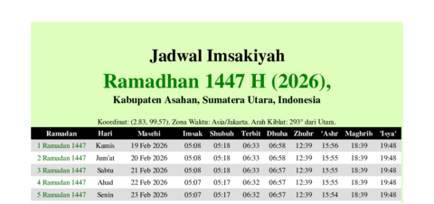 gambar Imsakiyah Ramadhan 1447 H (2026) untuk Kabupaten Asahan, Sumatera Utara, Indonesia