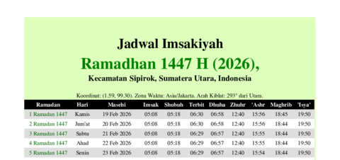 gambar Imsakiyah Ramadhan 1447 H (2026) untuk Kecamatan Sipirok, Sumatera Utara, Indonesia