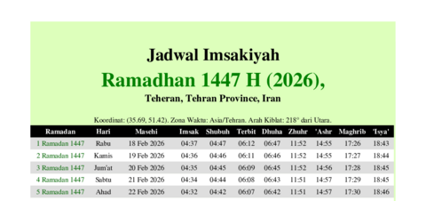gambar Imsakiyah Ramadhan 1447 H (2026) untuk Teheran, Tehran Province, Iran