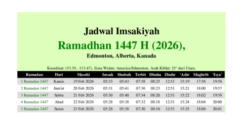 gambar Imsakiyah Ramadhan 1447 H (2026) untuk Edmonton, Alberta, Kanada