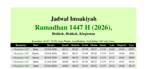 gambar Imsakiyah Ramadhan 1447 H (2026) untuk Bishkek, Bishkek, Kirgizstan