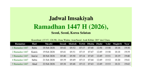 gambar Imsakiyah Ramadhan 1447 H (2026) untuk Seoul, Seoul, Korea Selatan
