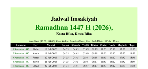 gambar Imsakiyah Ramadhan 1447 H (2026) untuk Kosta Rika, Kosta Rika