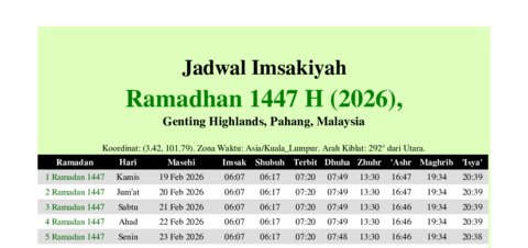 gambar Imsakiyah Ramadhan 1447 H (2026) untuk Genting Highlands, Pahang, Malaysia