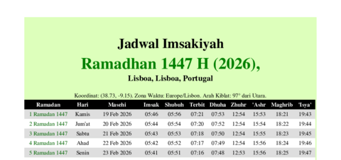 gambar Imsakiyah Ramadhan 1447 H (2026) untuk Lisboa, Lisboa, Portugal