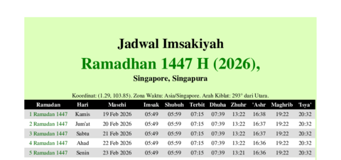 gambar Imsakiyah Ramadhan 1447 H (2026) untuk Singapore, Singapura