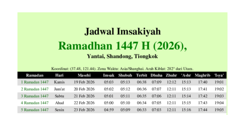 gambar Imsakiyah Ramadhan 1447 H (2026) untuk Yantai, Shandong, Tiongkok
