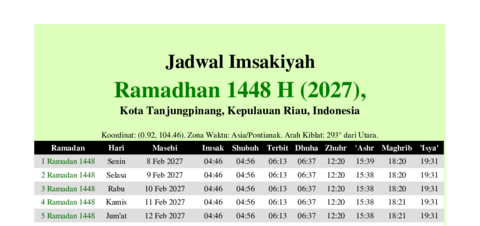 gambar Imsakiyah Ramadhan 1448 H (2027) untuk Kota Tanjungpinang, Kepulauan Riau, Indonesia